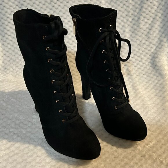 INC International Concepts Shoes - Ankle Boots with Black suede like material and gold eyelets/zipper trim